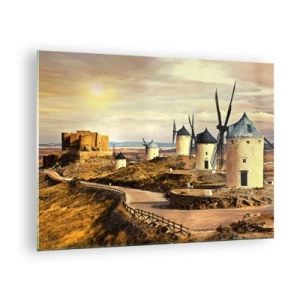 Impression sur verre - Image sur verre - Moulins à vent et château dans le paysage au coucher du soleil - 70x50cm - Don Quichotte est sur le point d'arriver - Décoration murale moderne pour le salon et la chambre ARTTOR