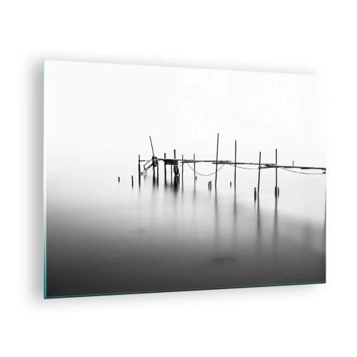 Impression sur verre - Image sur verre - Une jetée noire et blanche sur une surface d'eau calme - 70x50cm - Et s'il n'y avait pas de monde ? - Décoration murale moderne pour le salon et la chambre ARTTOR