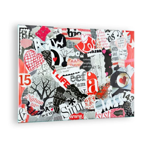 Impression sur verre - Image sur verre - Un collage de lettres, de cœurs et d'arbres dans un style artistique. - 70x50cm - Collage hipster - Décoration murale moderne pour le salon et la chambre ARTTOR