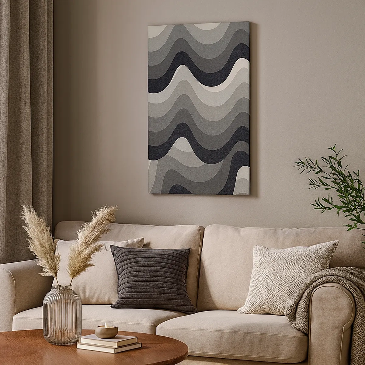 Impression sur toile - Image sur toile - Motifs ondulés noirs et blancs dans des tons de gris - 50x70cm - Vague après vague - Décoration murale moderne pour le salon et la chambre ARTTOR