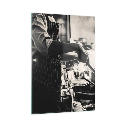 Impression sur verre - Image sur verre - Un chef en action avec une poêle à frire dans une cuisine remplie de vapeur - 50x70cm - Alchimie des saveurs - Décoration murale moderne pour le salon et la chambre ARTTOR