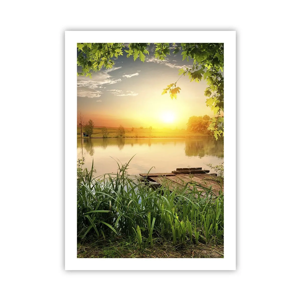 Affiche - Poster - Coucher de soleil sur le lac avec une jetée - 50x70cm - Paysage dans un cadre verdoyant - Décoration murale moderne pour le salon et la chambre ARTTOR