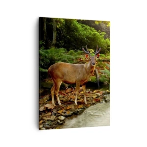 Impression sur toile - Image sur toile - Un cerf près d'un ruisseau entouré de verdure dans la forêt - 50x70cm - Bienvenue dans mon monde - Décoration murale moderne pour le salon et la chambre ARTTOR