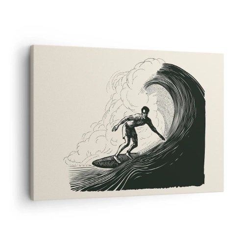 Impression sur toile - Image sur toile - Graphique en noir et blanc d'un surfeur sur une vague - 70x50cm - Le roi de la vague - Décoration murale moderne pour le salon et la chambre ARTTOR