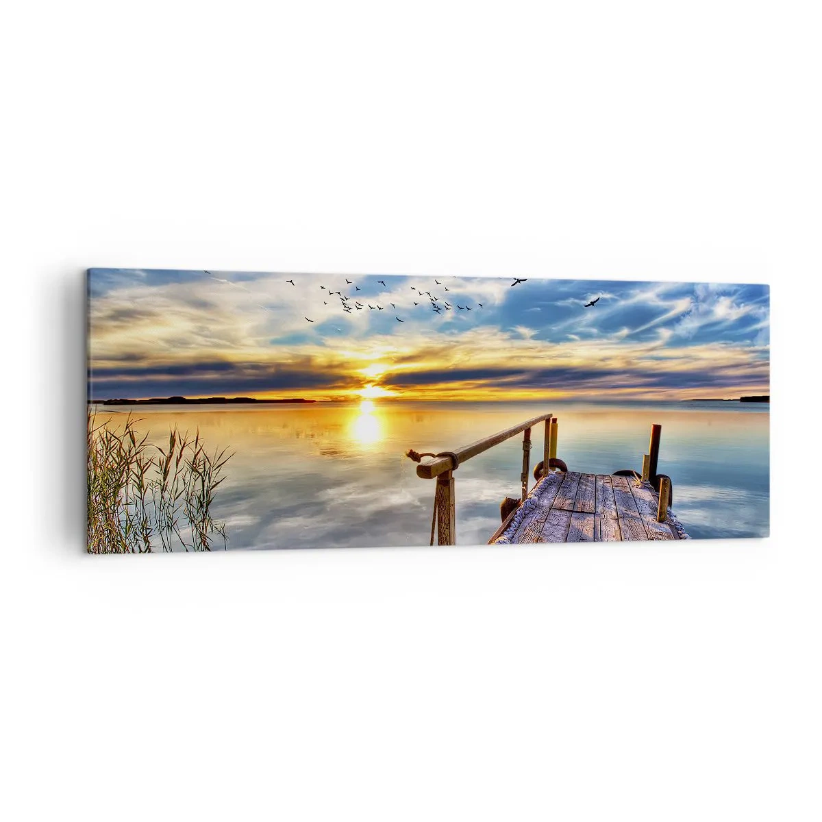 Impression sur toile - Image sur toile - Jetée en bois sur le lac au coucher du soleil - 140x50cm - Le vent se repose - Décoration murale moderne pour le salon et la chambre ARTTOR