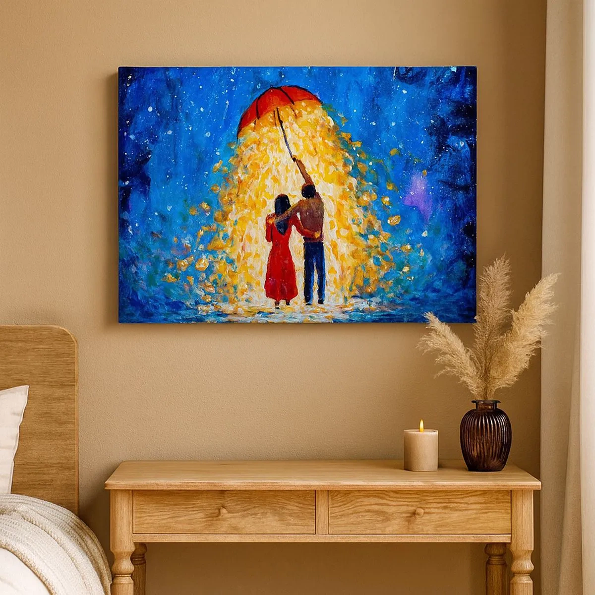 Impression sur toile - Image sur toile - Un couple sous un parapluie rouge sous la pluie lumineuse - 70x50cm - La magie d'une soirée pluvieuse ? - Décoration murale moderne pour le salon et la chambre ARTTOR