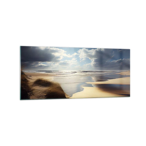 Impression sur verre - Image sur verre - Une plage sauvage avec des dunes et un ciel bleu - 120x50cm - Plage, plage sauvage - Décoration murale moderne pour le salon et la chambre ARTTOR