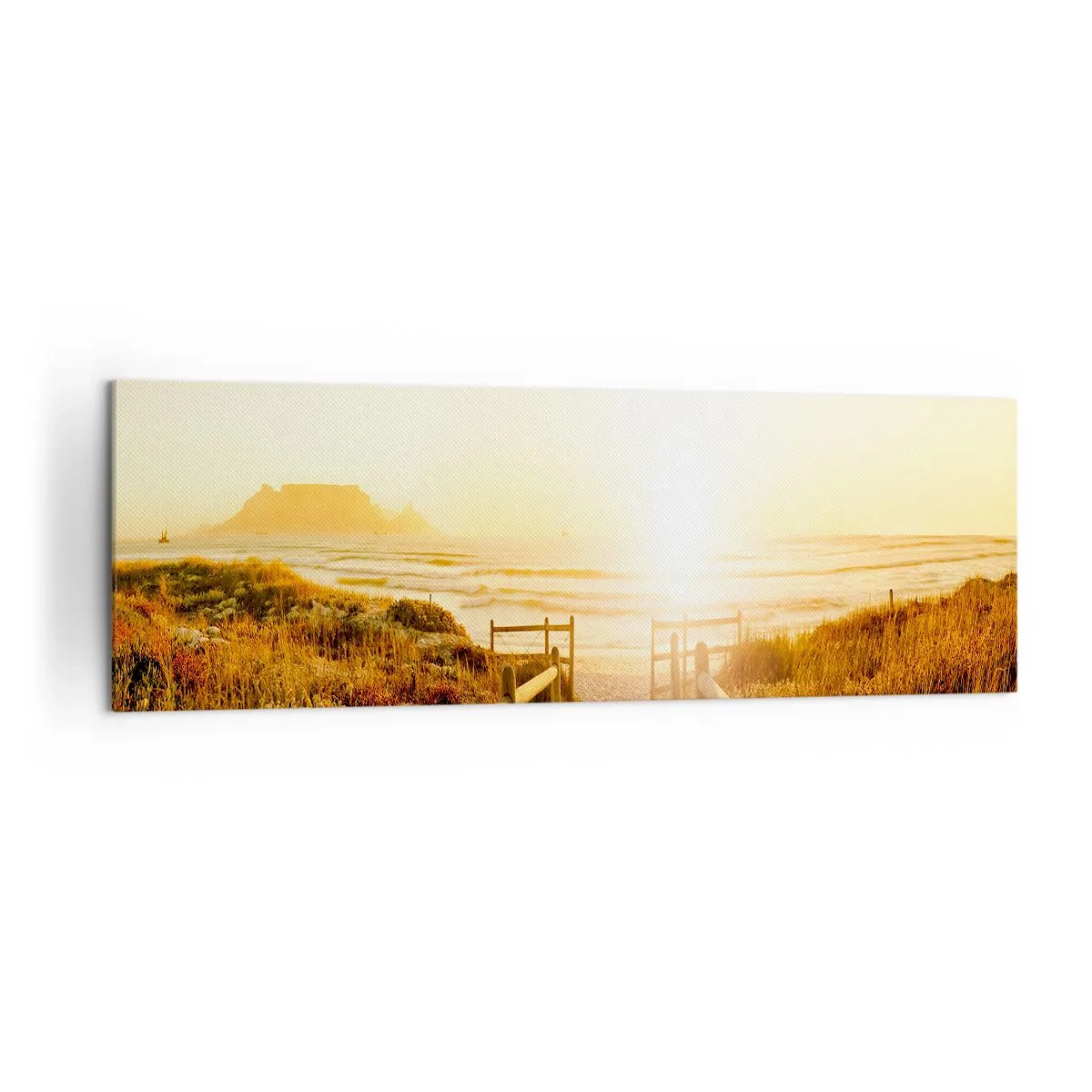 Impression sur toile - Image sur toile - Chemin vers la plage pendant un coucher de soleil doré - 160x50cm - A travers la dune, vers le soleil - Décoration murale moderne pour le salon et la chambre ARTTOR