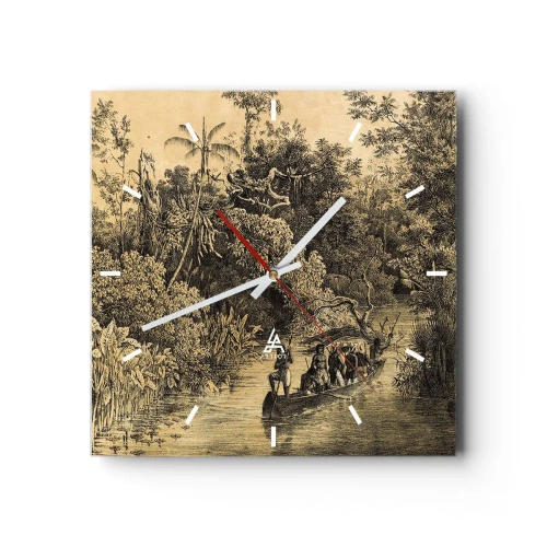 Horloge murale - Pendule murale - Dessin d'une jungle avec un bateau sur une rivière - 30x30cm - Expédition à la source - Décoration murale moderne pour le salon et la chambre ARTTOR