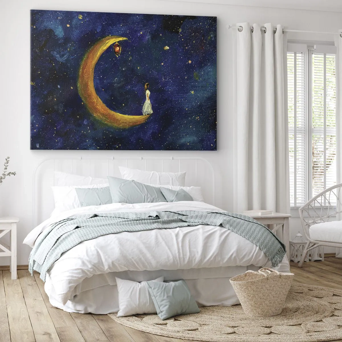 Impression sur toile - Image sur toile - Une fille debout sur la lune dans un ciel étoilé - 70x50cm - Appel du monde - Décoration murale moderne pour le salon et la chambre ARTTOR