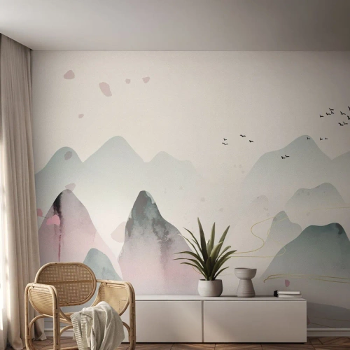 Papier Peint Autocollant Deluxe Sticker - Au-delà des sommets - Paysage, Des oiseaux, Montagnes - 100x70 cm