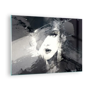 Impression sur verre - Image sur verre - Le visage d'une femme est partiellement recouvert de taches grises abstraites. - 70x50cm - Derrière un voile gris - Décoration murale moderne pour le salon et la chambre ARTTOR