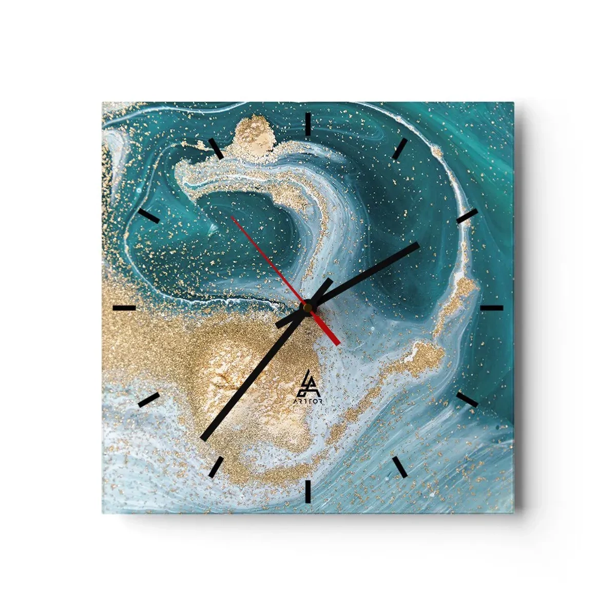 Horloge murale - Pendule murale - Tourbillon abstrait dans les tons turquoise et or - 30x30cm - Tourbillon d'or et de turquoise - Décoration murale moderne pour le salon et la chambre ARTTOR