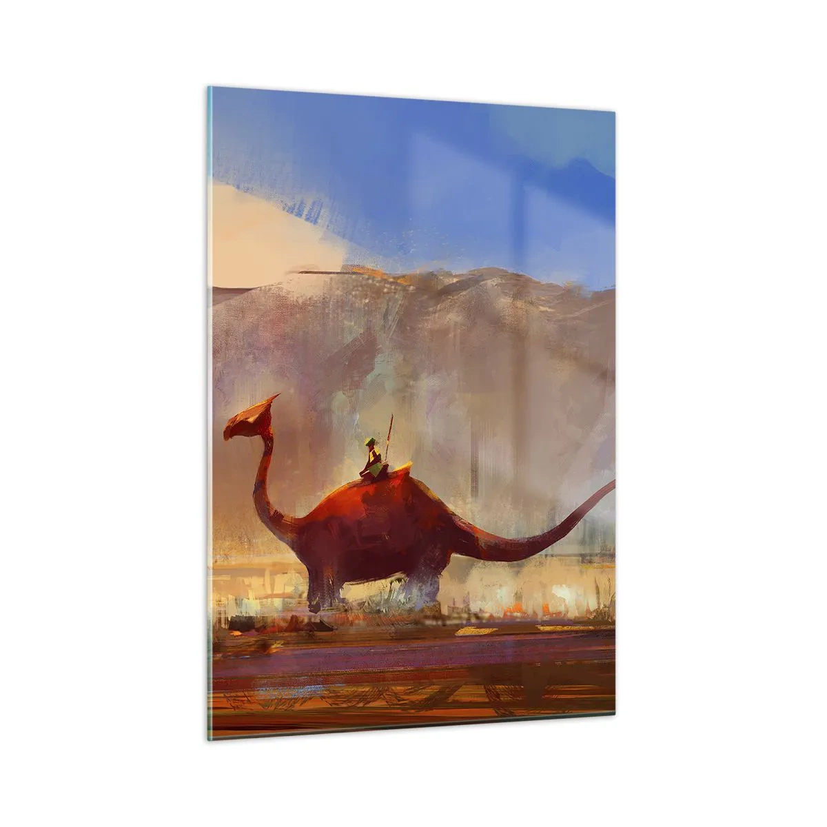 Impression sur verre - Image sur verre - Un paysage fantastique avec un cavalier sur une créature préhistorique - 50x70cm - S'ils n'avaient pas disparu - Décoration murale moderne pour le salon et la chambre ARTTOR