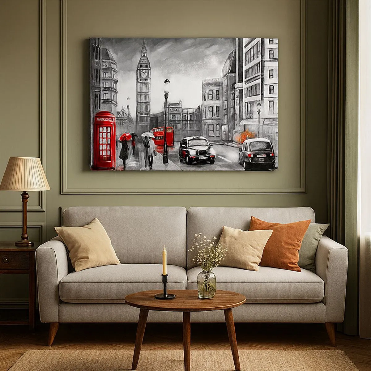 Impression sur toile - Image sur toile - Une scène londonienne en noir et blanc avec des accents rouges - 70x50cm - Pas du tout une ville grise - Décoration murale moderne pour le salon et la chambre ARTTOR