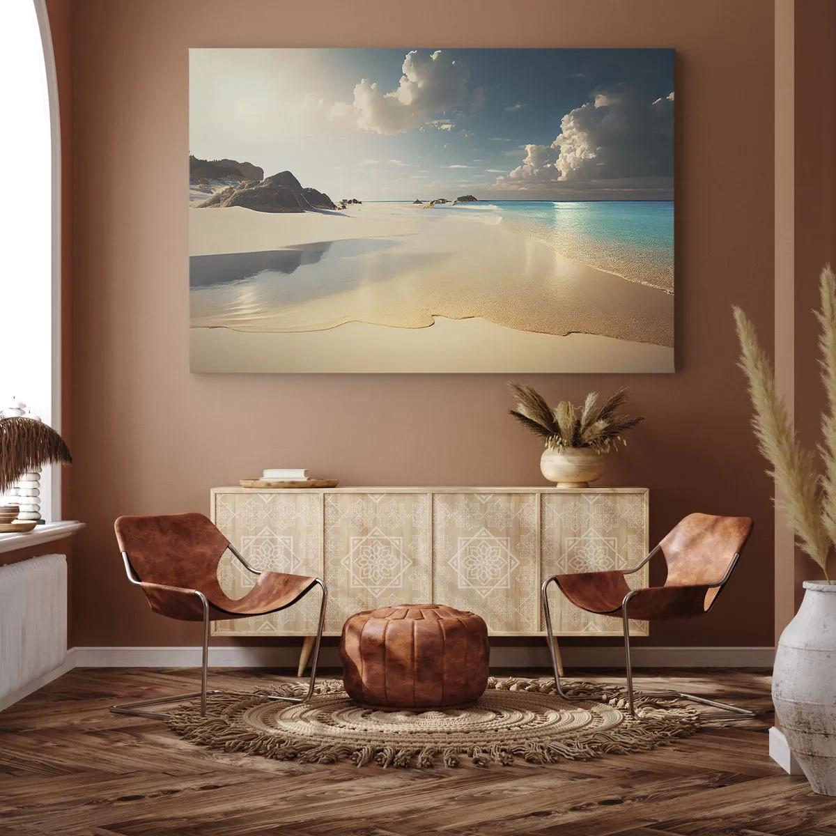 Impression sur toile - Image sur toile - Une plage ensoleillée avec une mer bleue et des rochers - 100x70cm - Une journée de rêve - Décoration murale moderne pour le salon et la chambre ARTTOR
