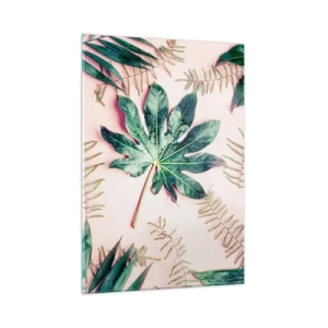Impression sur verre - Image sur verre - Feuilles tropicales sur fond pastel - 50x70cm - Étude de verdure sur fond rose - Décoration murale moderne pour le salon et la chambre ARTTOR