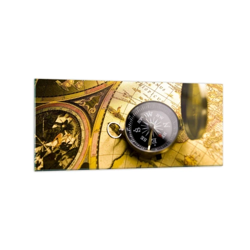 Impression sur verre - Image sur verre - Une boussole antique sur fond d'une vieille carte du monde - 120x50cm - Ou peut-être jusqu'au bout du monde ? - Décoration murale moderne pour le salon et la chambre ARTTOR