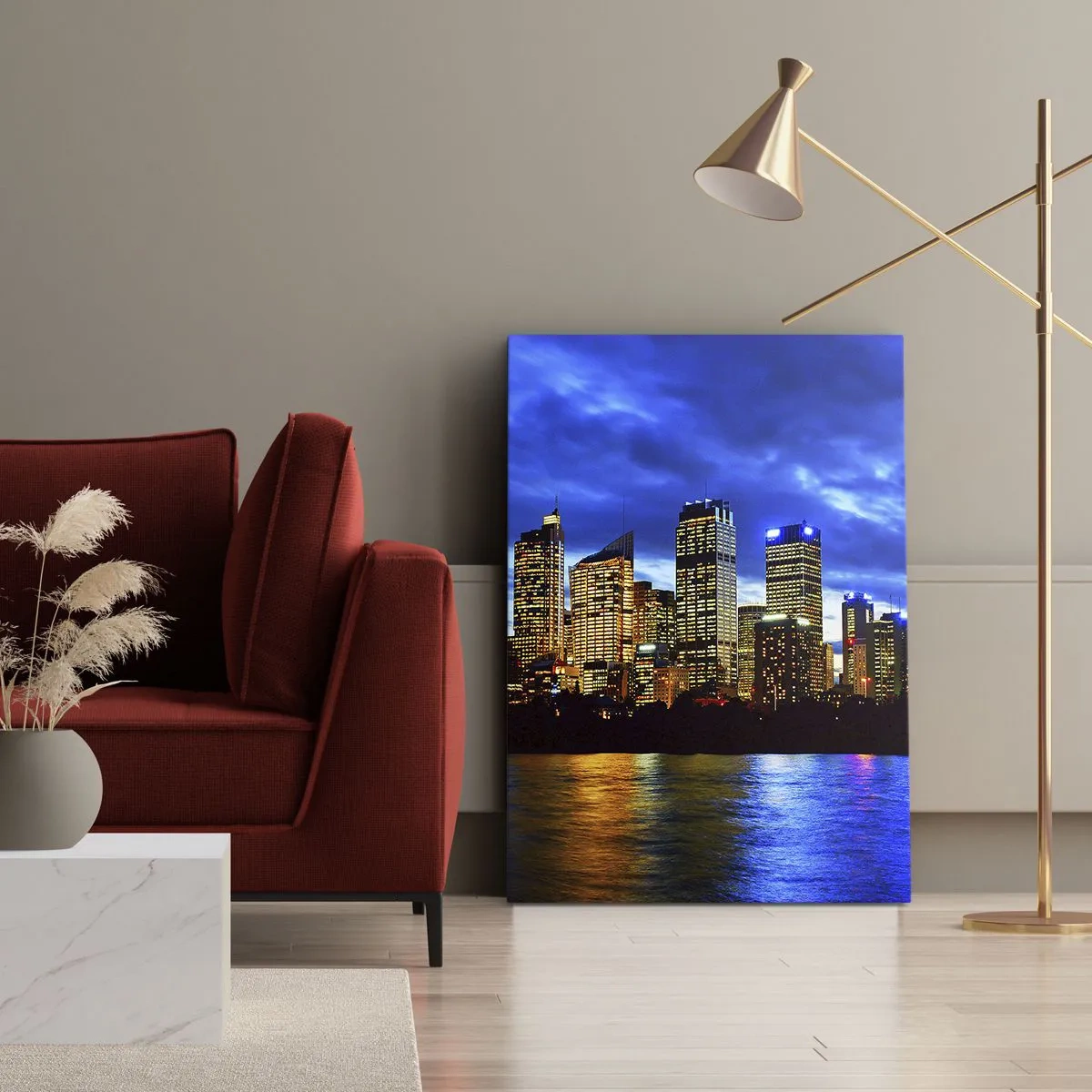 Impression sur toile - Image sur toile - Panorama de la ville nocturne avec des gratte-ciel illuminés au-dessus de l'eau - 80x120cm - Une nuit de lumières et de couleurs - Décoration murale moderne pour le salon et la chambre ARTTOR