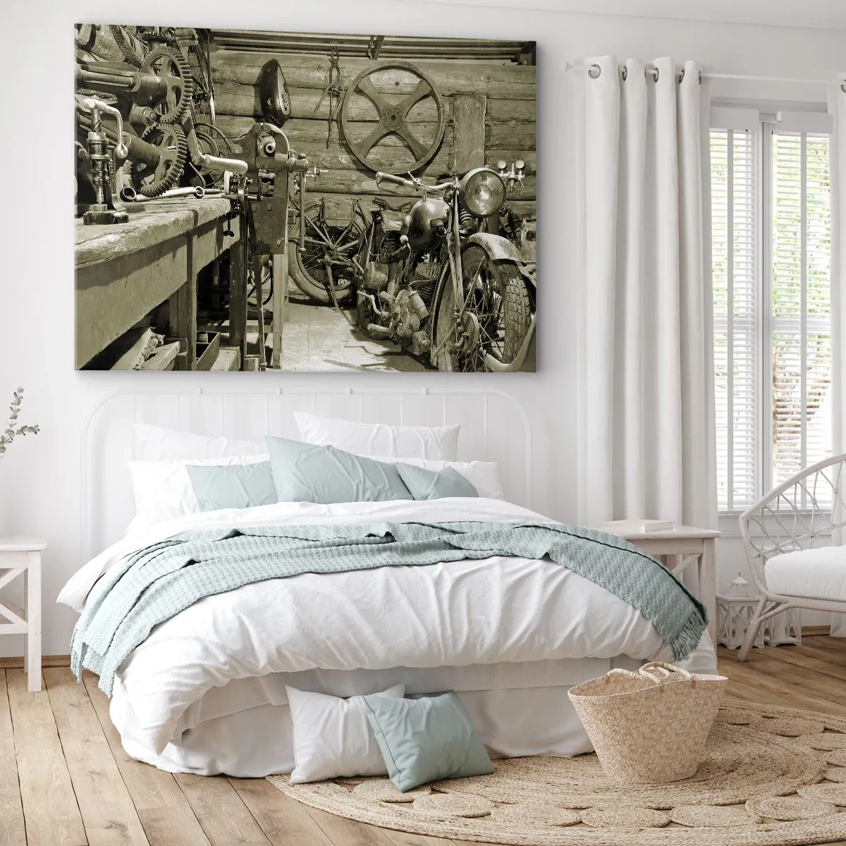 Impression sur toile - Image sur toile - Atelier rétro avec motos et outils - 70x50cm - Dans le hangar de l'oncle Władek - Décoration murale moderne pour le salon et la chambre ARTTOR