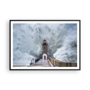 Affiche dans un cadre noir - Poster - Un phare entouré de vagues agitées - 100x70cm - Le rugissement des eaux, le bruit soufflera - Décoration murale moderne pour le salon et la chambre ARTTOR