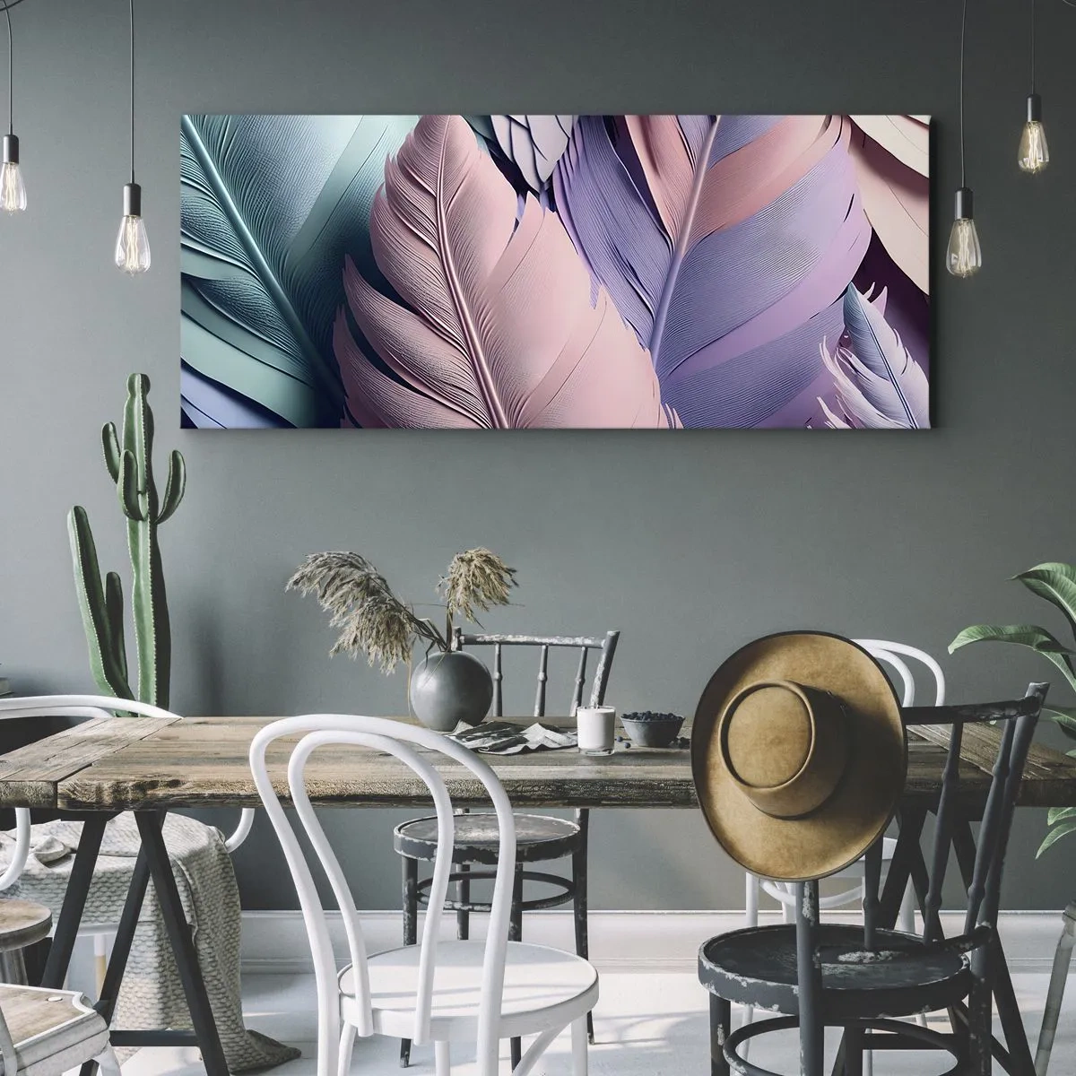 Impression sur toile - Image sur toile - Plumes colorées dans des tons pastel sur un fond clair - 120x50cm - Oiseau chic - Décoration murale moderne pour le salon et la chambre ARTTOR