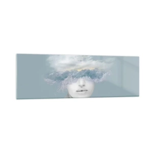 Impression sur verre - Image sur verre - Portrait d'une femme avec son visage caché derrière les nuages et les vagues - 160x50cm - La tête dans les nuages - Décoration murale moderne pour le salon et la chambre ARTTOR