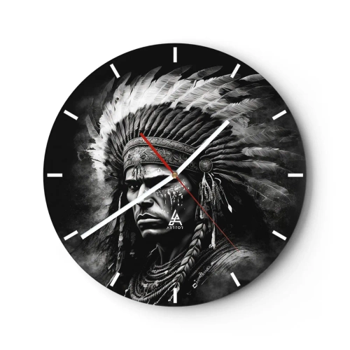 Horloge murale - Pendule murale - Portrait d'un chef avec une coiffe à plumes dans un style monochrome - 30x30cm - Un leader et un guerrier - Décoration murale moderne pour le salon, la cuisine et la chambre ARTTOR