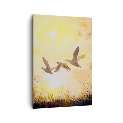 Impression sur toile - Image sur toile - Canards volant au lever du soleil au-dessus du lac - 50x70cm - Le début d'un long voyage - Décoration murale moderne pour le salon et la chambre ARTTOR