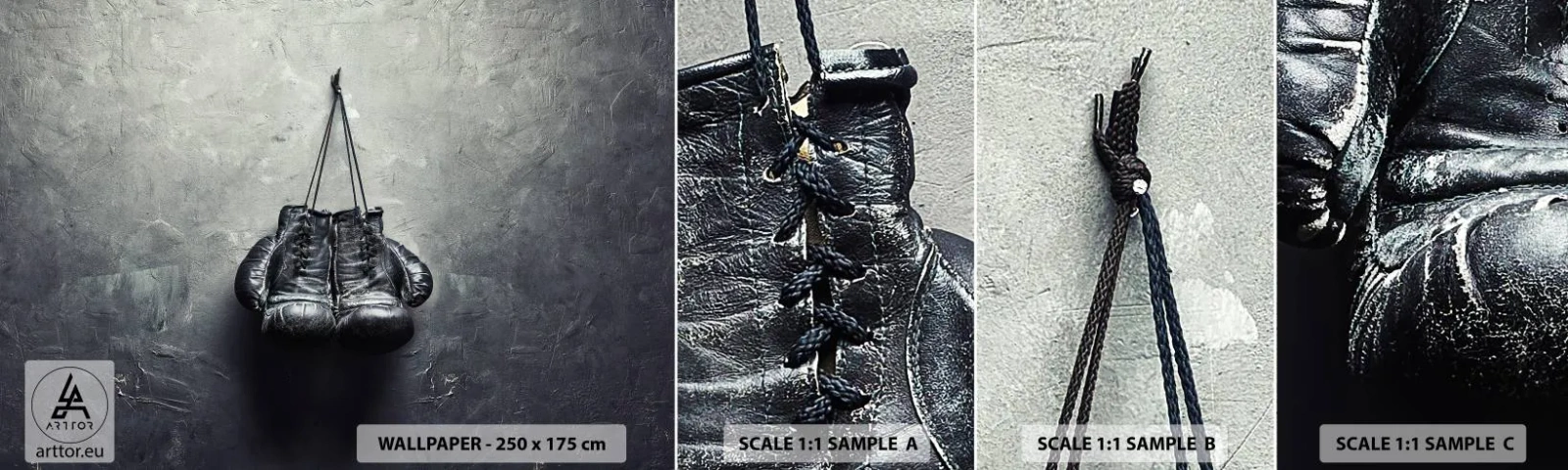 Échantillon de Papier Peint Autocollant Deluxe Sticker - Un temps pour se battre et un temps pour la paix - Boîte, Gants de boxe, Ancien - 100x30 cm