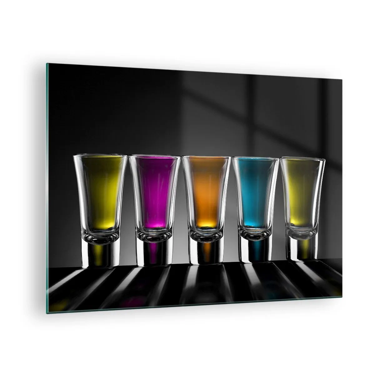 Impression sur verre - Image sur verre - Lunettes colorées sur fond noir dans un style minimaliste - 70x50cm - Les couleurs de la joie - Décoration murale moderne pour le salon et la chambre ARTTOR