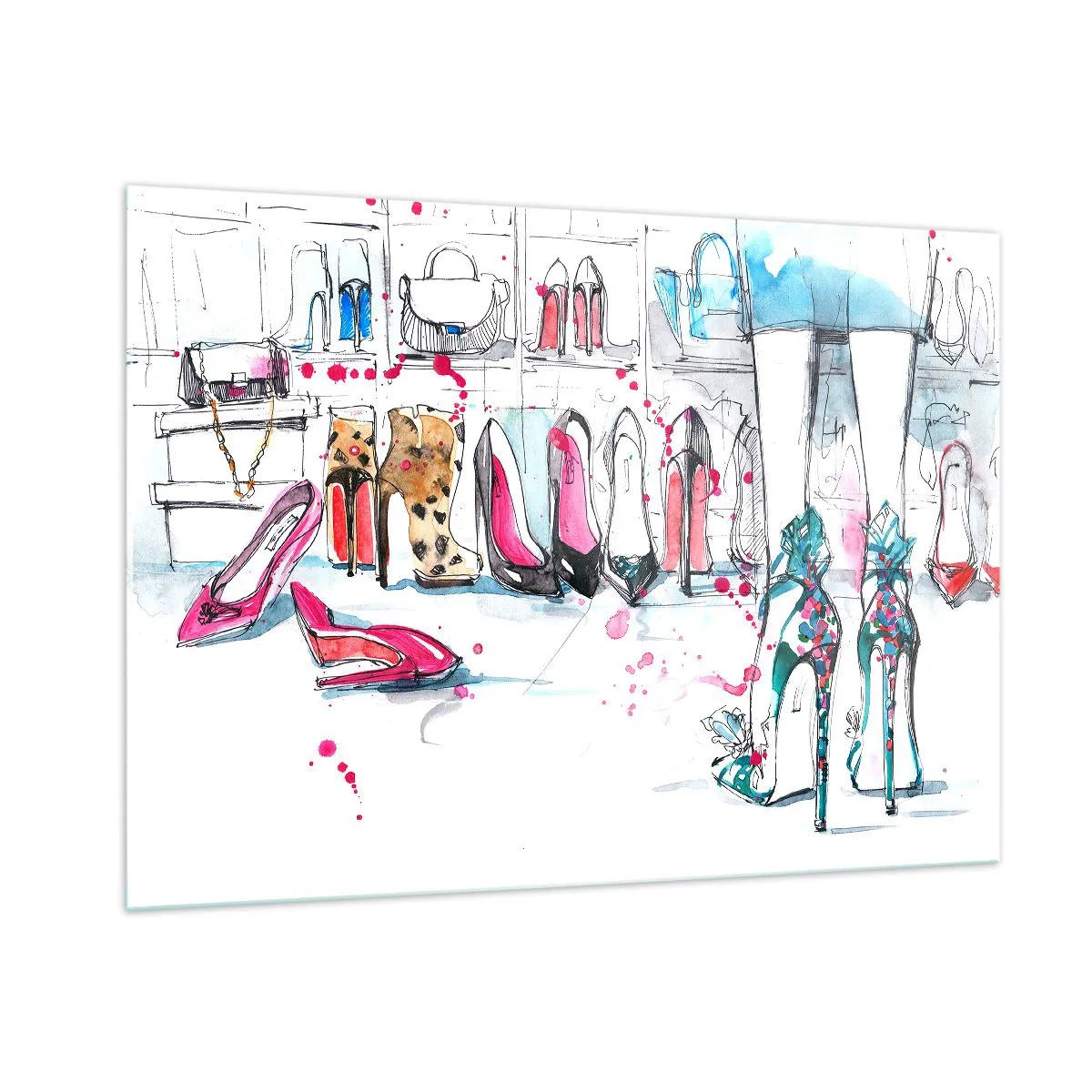 Impression sur verre - Image sur verre - Illustration de talons hauts élégants dans un magasin - 100x70cm - Sésame, ouvre-toi - Décoration murale moderne pour le salon et la chambre ARTTOR