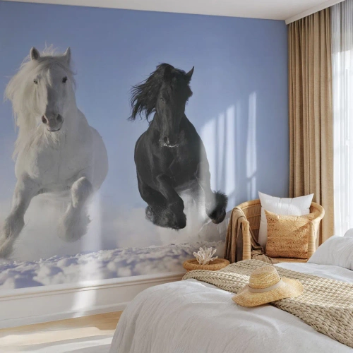 Papier peint sur mesure Premium Sand - Galop noir et blanc - Animaux, Cheval, Hiver