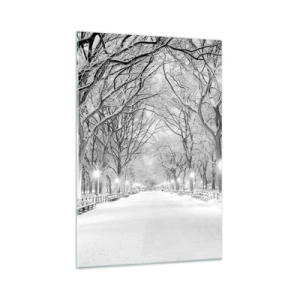 Impression sur verre - Image sur verre - Une allée d'hiver avec des arbres enneigés en monochrome - 70x100cm - Les quatres saisons – l’hiver - Décoration murale moderne pour le salon et la chambre ARTTOR