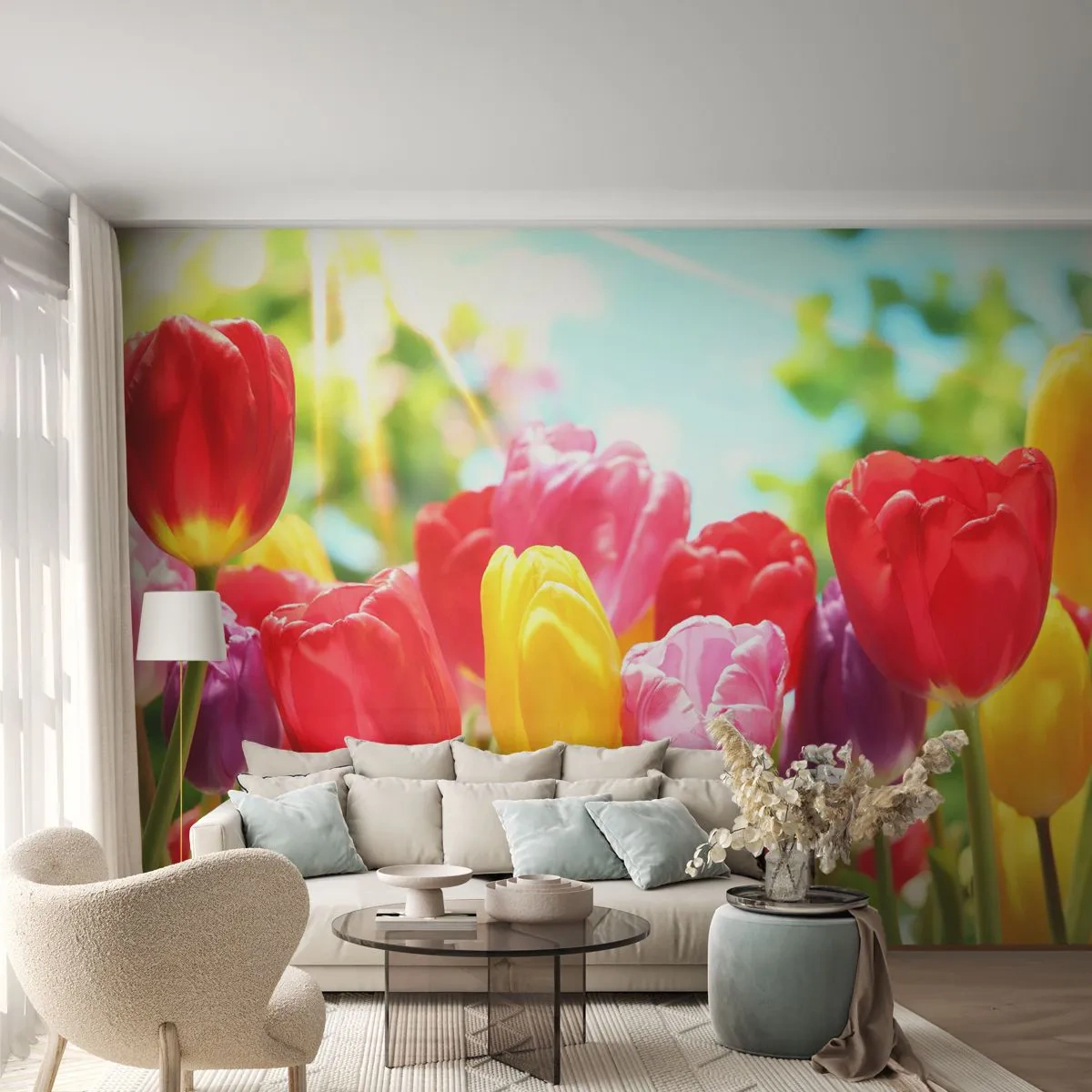 Papier Peint Photo Premium Sand - C'est nous, les couleurs de Mai! - Fleurs, Tulipes, Jardin - 250x175 cm