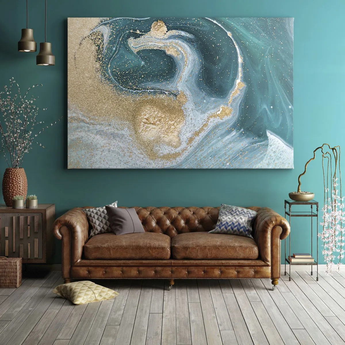 Impression sur toile - Image sur toile - Tourbillon abstrait dans les tons turquoise et or - 120x80cm - Tourbillon d'or et de turquoise - Décoration murale moderne pour le salon et la chambre ARTTOR