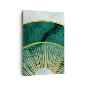 Impression sur toile - Image sur toile - Motif abstrait avec des cercles aux couleurs émeraude et or. - 50x70cm - Un autre système solaire - Décoration murale moderne pour le salon et la chambre ARTTOR