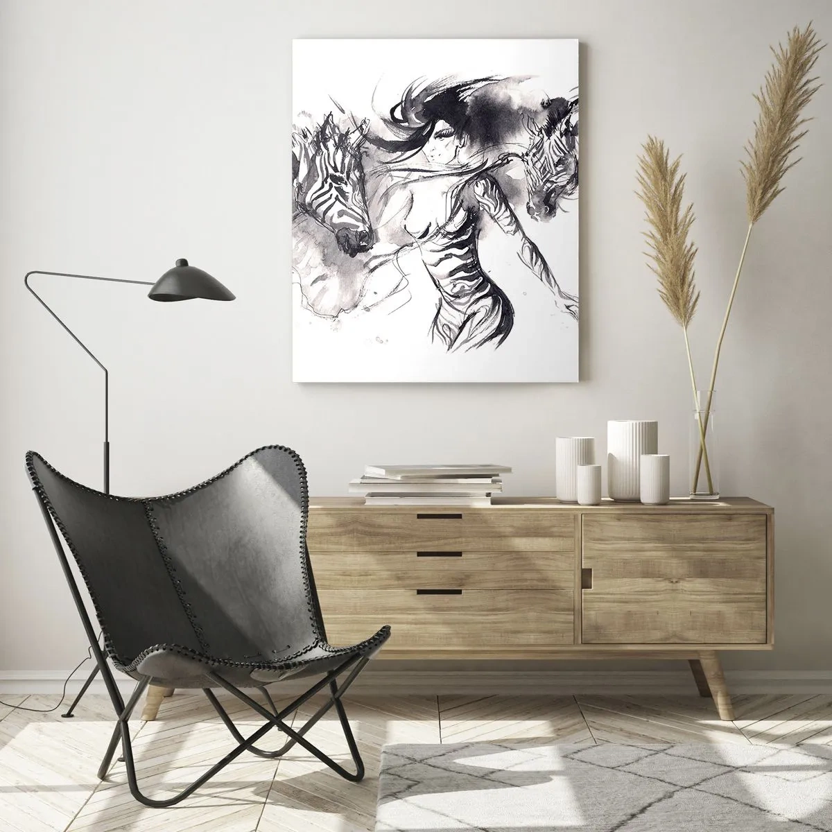 Impression sur verre - Image sur verre - Une femme dans une danse dynamique avec des zèbres dans une esthétique noir et blanc - 80x120cm - Danse avec les zèbres - Décoration murale moderne pour le salon et la chambre ARTTOR