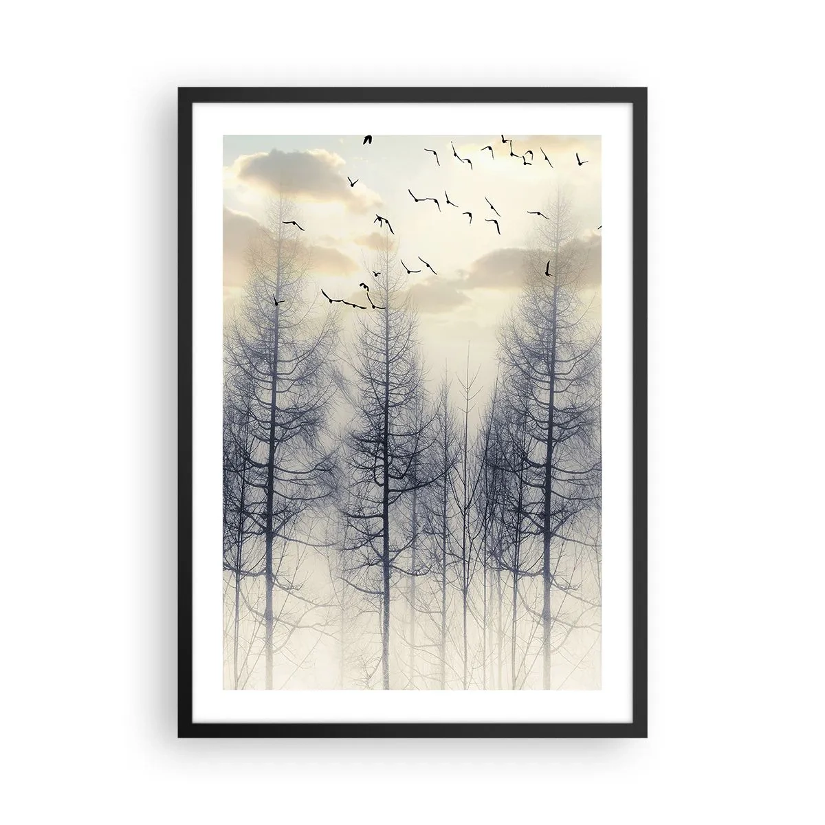 Affiche dans un cadre noir - Poster - Une forêt brumeuse avec de grands arbres et des oiseaux volants le matin - 50x70cm - L'âme de la forêt - Décoration murale moderne pour le salon et la chambre ARTTOR