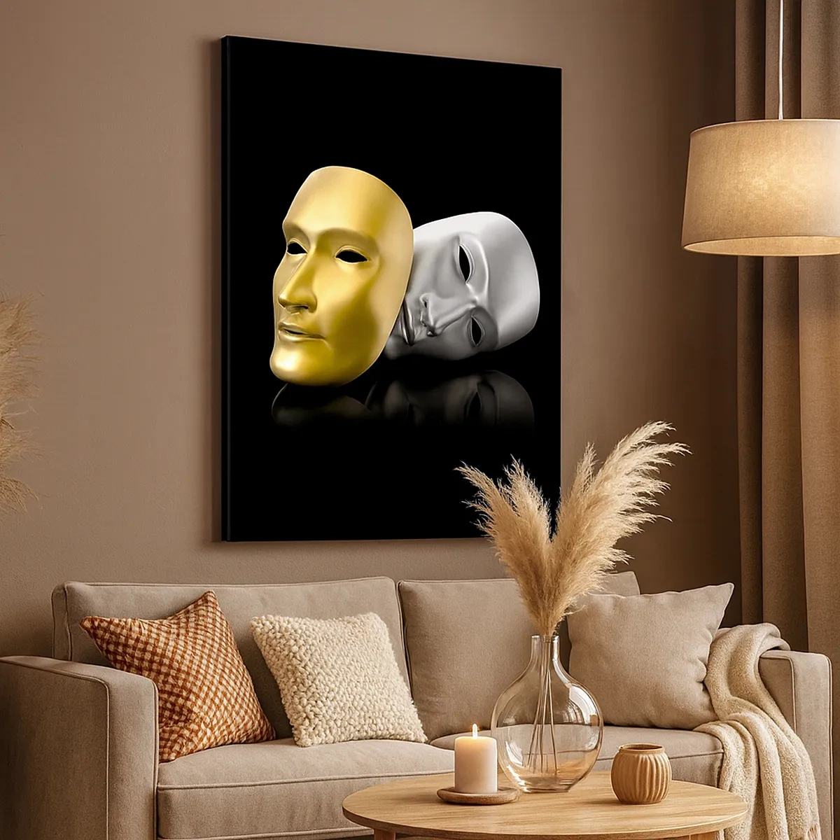 Impression sur toile - Image sur toile - Masque d'or et d'argent sur fond noir - 50x70cm - La vie est un théâtre - Décoration murale moderne pour le salon et la chambre ARTTOR