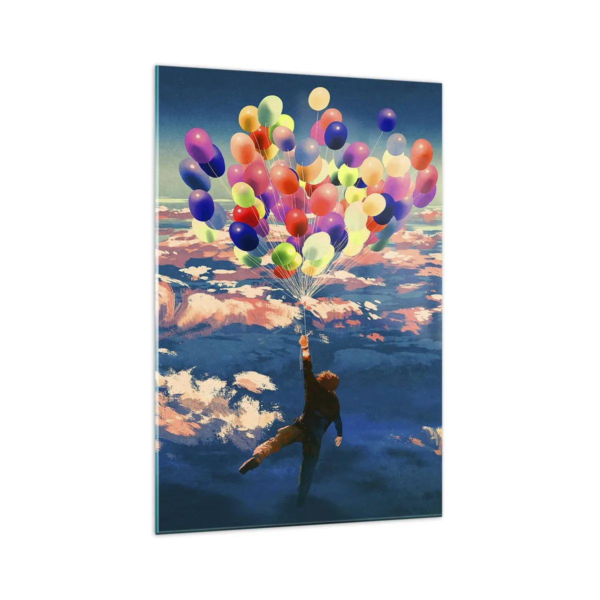 Impression sur verre - Image sur verre - Une silhouette flottant au-dessus des nuages avec des ballons colorés - 70x100cm - Un rêve d'enfant devenu réalité - Décoration murale moderne pour le salon et la chambre ARTTOR