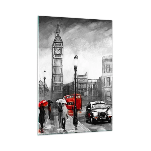 Impression sur verre - Image sur verre - Big Ben et les rues de Londres avec des accents rouges sur fond gris - 50x70cm - Pas du tout une ville grise - Décoration murale moderne pour le salon et la chambre ARTTOR
