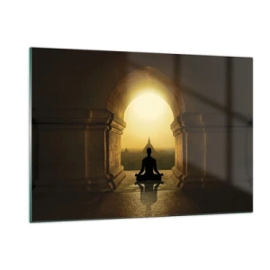 Impression sur verre - Image sur verre - Silhouette d'une personne méditant à la lumière du soleil couchant dans une arche architecturale - 120x80cm - Pleine harmonie - Décoration murale moderne pour le salon et la chambre ARTTOR