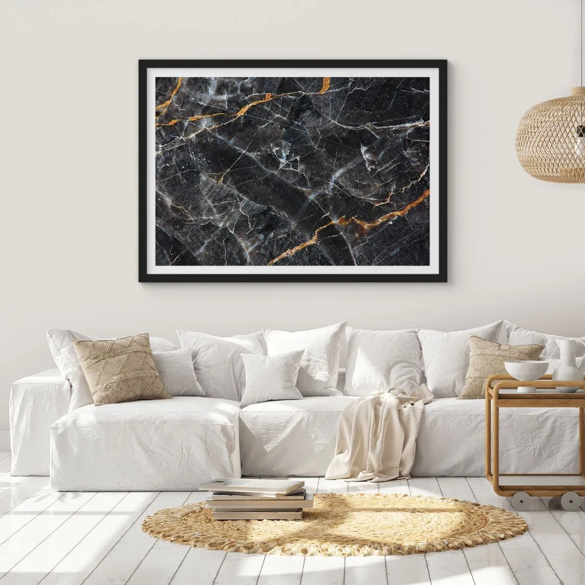 Affiche dans un cadre noir - Poster - Détails noirs et dorés de la surface en marbre - 70x50cm - La vie intérieure de la pierre - Décoration murale moderne pour le salon et la chambre ARTTOR