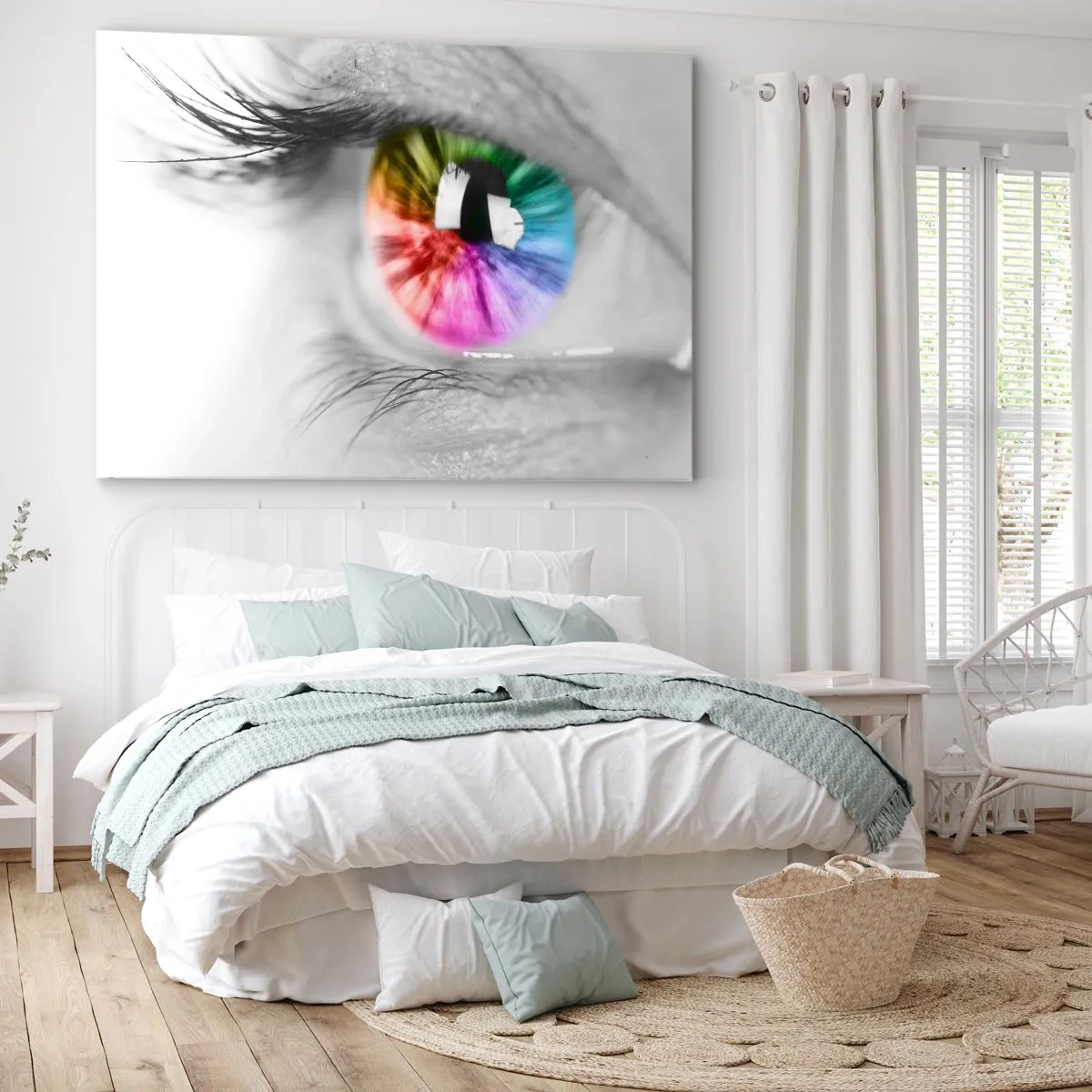 Impression sur toile - Image sur toile - Prise de vue artistique d'un œil avec un iris arc-en-ciel sur fond gris - 100x70cm - Regarde le monde en couleur - Décoration murale moderne pour le salon et la chambre ARTTOR