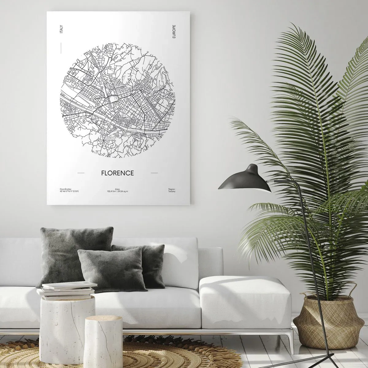 Impression sur verre - Image sur verre - Florence sous la forme d'une carte stylisée avec un réseau de rues - 50x70cm - Anatomie de Florence - Décoration murale moderne pour le salon et la chambre ARTTOR