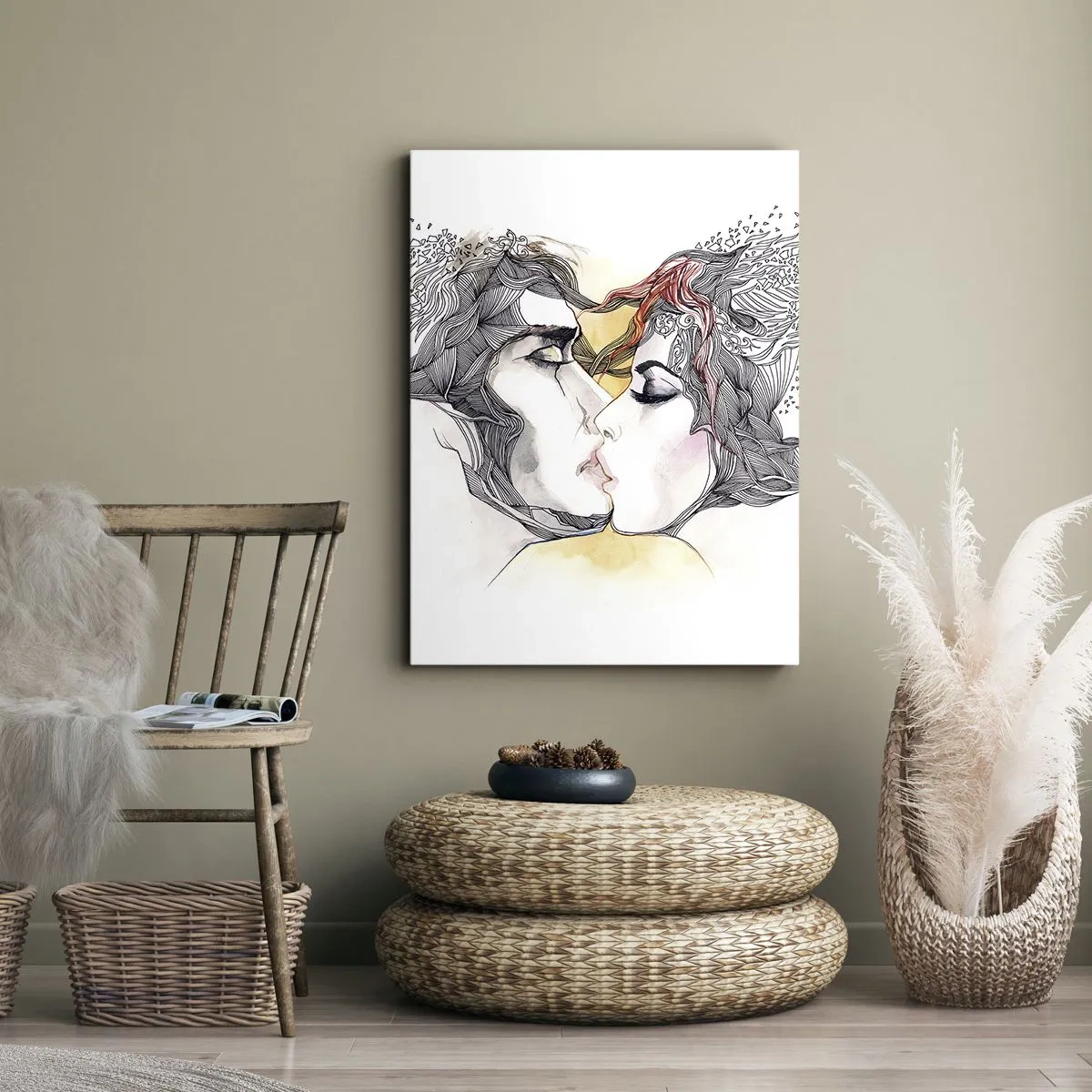 Impression sur toile - Image sur toile - Portrait artistique d'un couple avec des motifs de cheveux abstraits - 80x120cm - Le monde n'existe pas - Décoration murale moderne pour le salon et la chambre ARTTOR