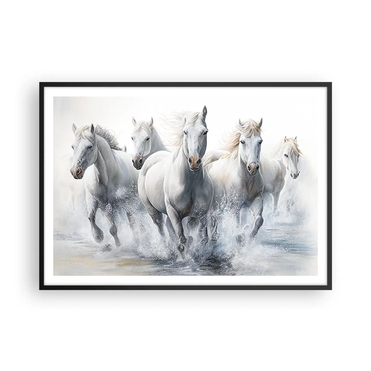Affiche dans un cadre noir - Poster - Des chevaux blancs galopent dans l'eau - 100x70cm - Magie blanche - Décoration murale moderne pour le salon et la chambre ARTTOR