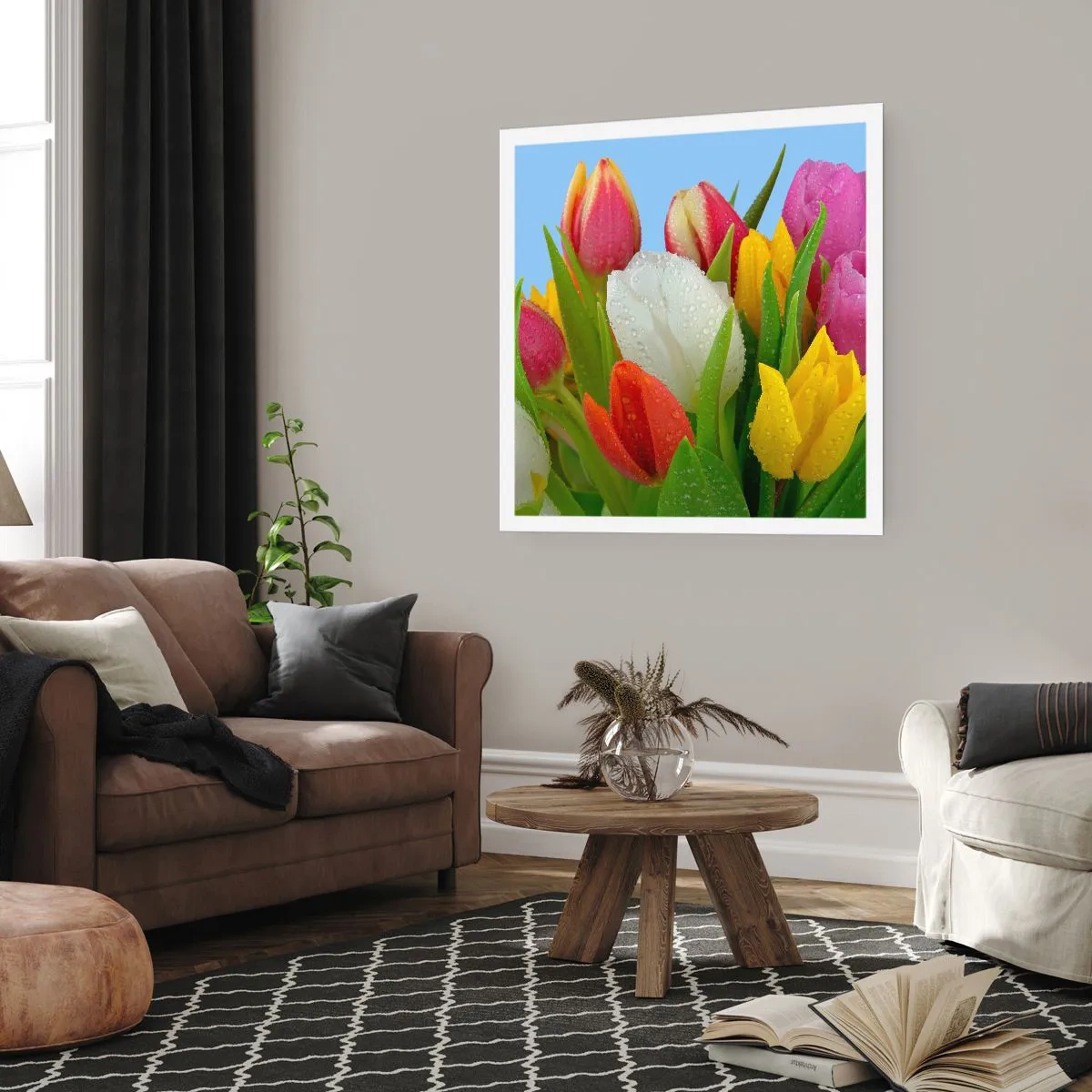 Affiche - Poster - Un arc-en-ciel fleuri en gouttes de rosée - 60x60 cm