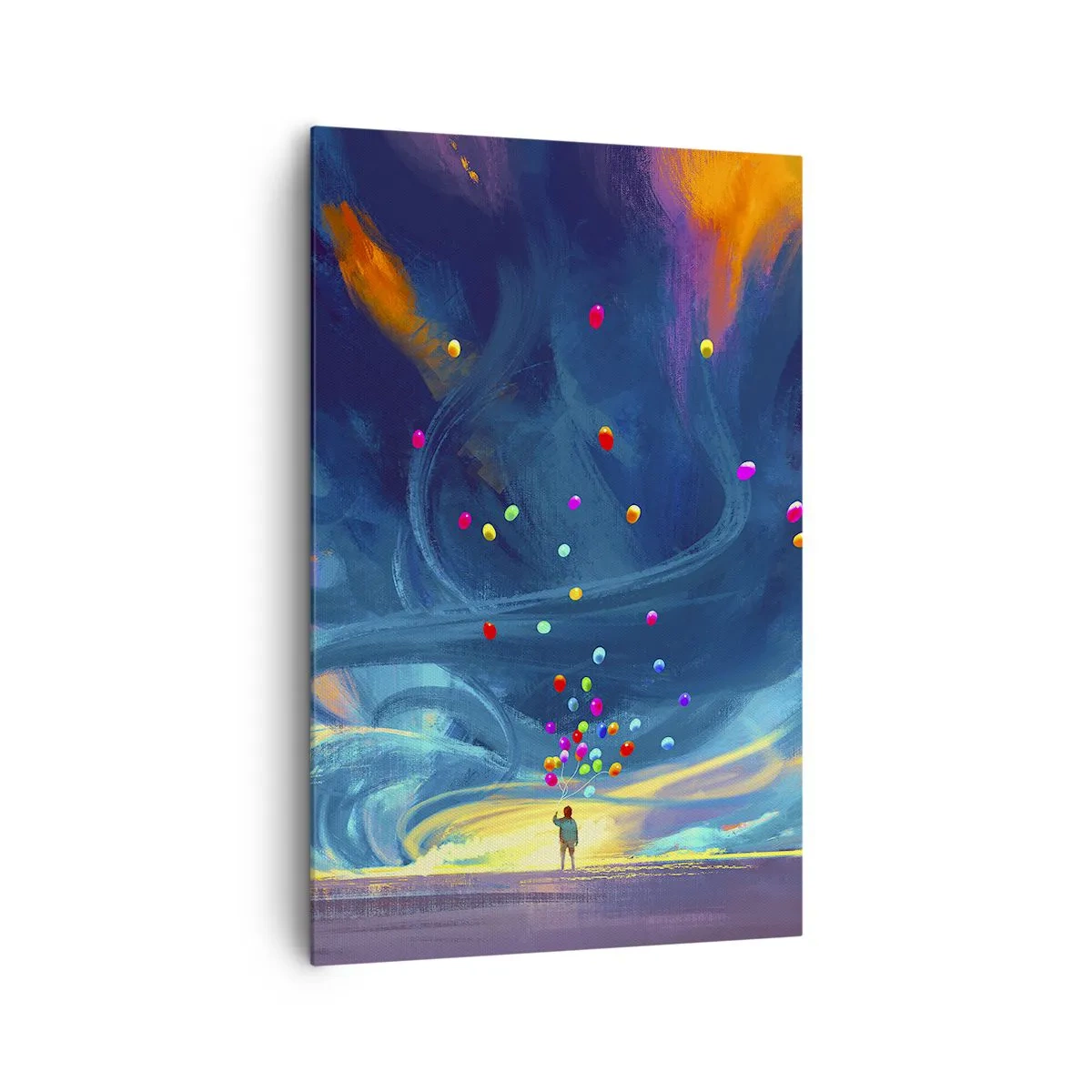 Impression sur toile - Image sur toile - Une silhouette avec des ballons sur un fond de nuages tourbillonnants et colorés - 80x120cm - Au vent bleu ciel - Décoration murale moderne pour le salon et la chambre ARTTOR
